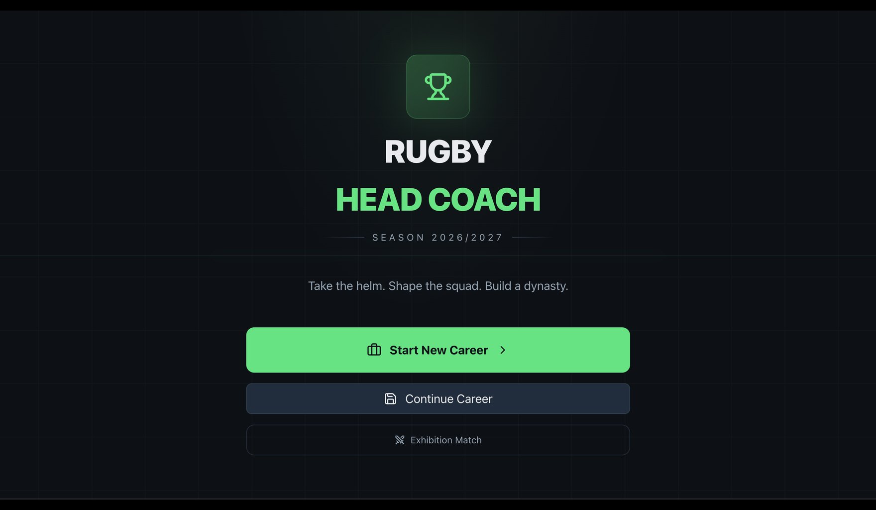 Rugby Head Coach title screen: Start New Career, Continue Career, Exhibition Match.