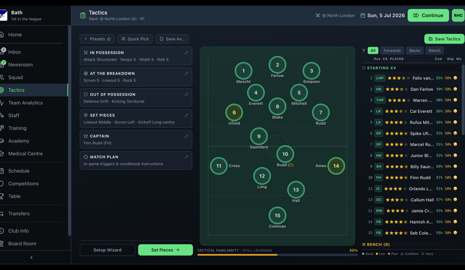 Tactical setup screen showing six tactical styles to choose between.