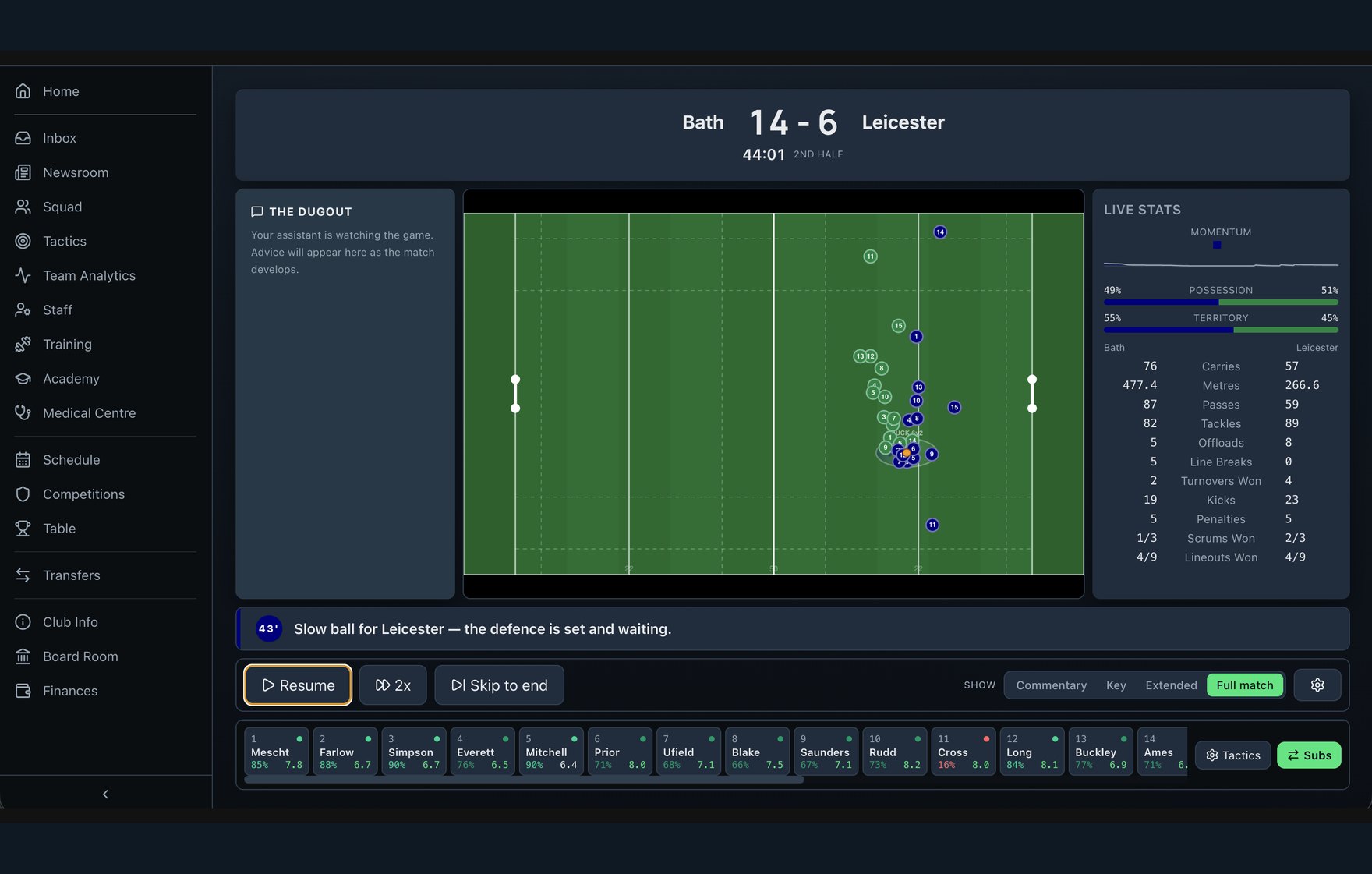 Match day: both sides positioned on the pitch mid-phase, with live possession, territory and match statistics, and analyst commentary from the dugout.